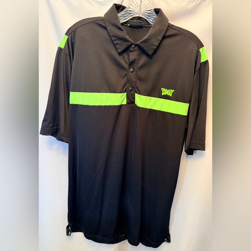 PXG Parsons Extreme Golf Size M Polo Shirt Black Neon Green Stripe Performance